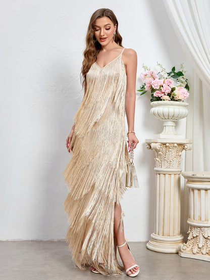 Sleeveless Tassel Maxi Dress with Deep V-Neck