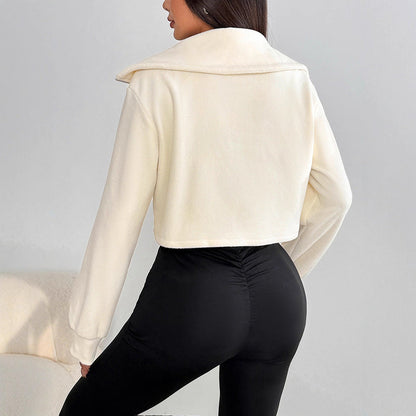 Solid Cropped Sweatshirt with Lapel Collar and Quarter-Zip