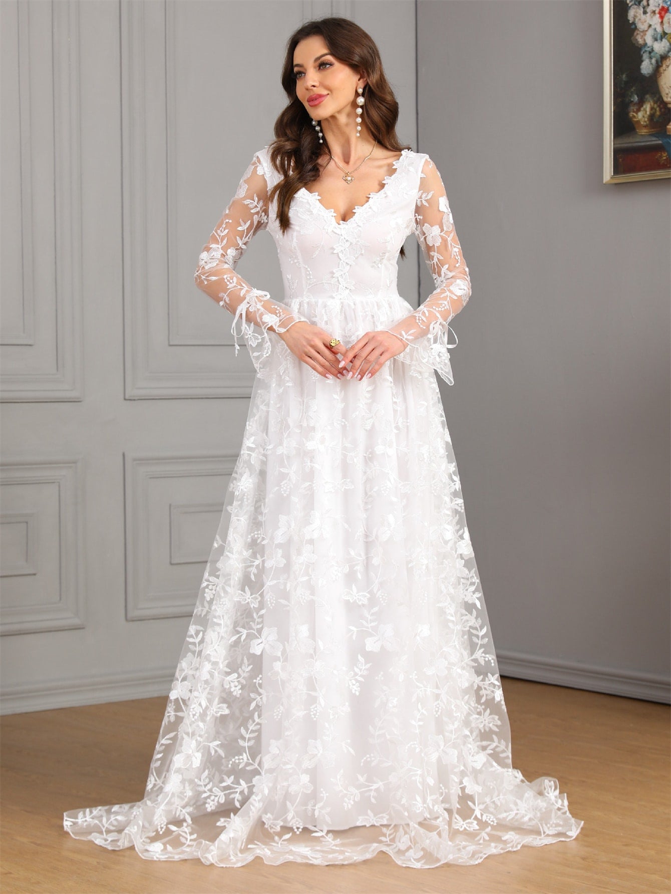 A-Line Wedding Gown with V-Neck, Long Sleeves, and Lace Train