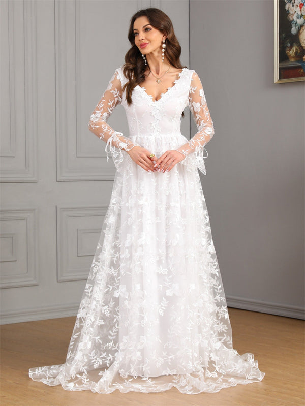 A-Line Wedding Gown with V-Neck, Long Sleeves, and Lace Train
