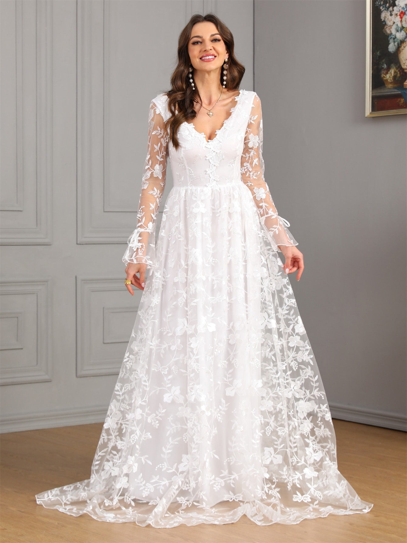 A-Line Wedding Gown with V-Neck, Long Sleeves, and Lace Train