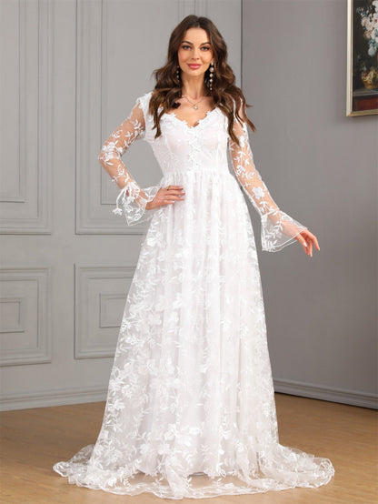 A-Line Wedding Gown with V-Neck, Long Sleeves, and Lace Train