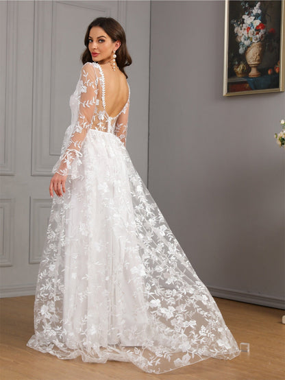 A-Line Wedding Gown with V-Neck, Long Sleeves, and Lace Train