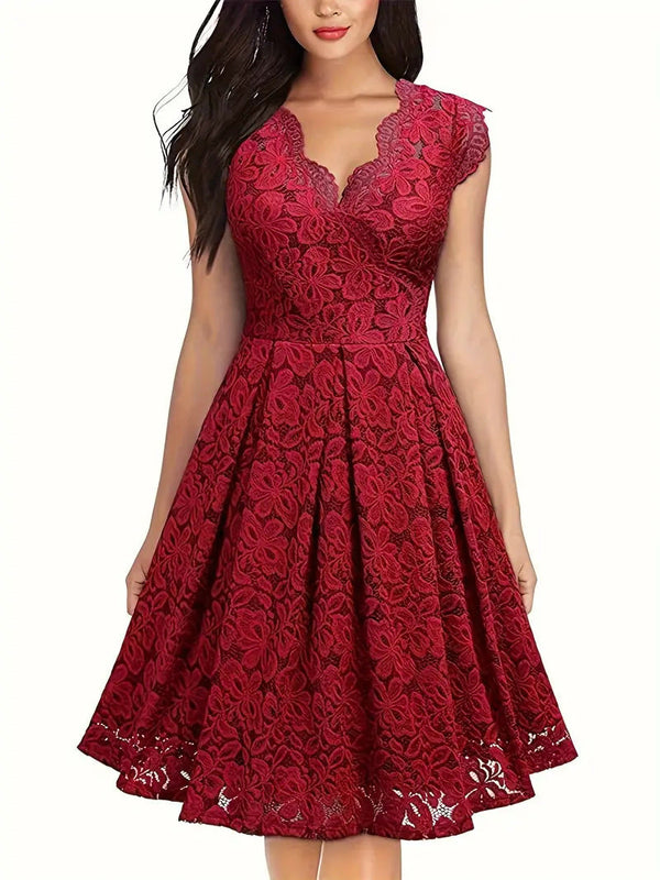 A-Line Floral Lace Dress with Scalloped V-Neck and Pleated Skirt