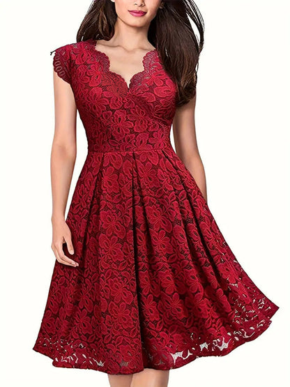 A-Line Floral Lace Dress with Scalloped V-Neck and Pleated Skirt