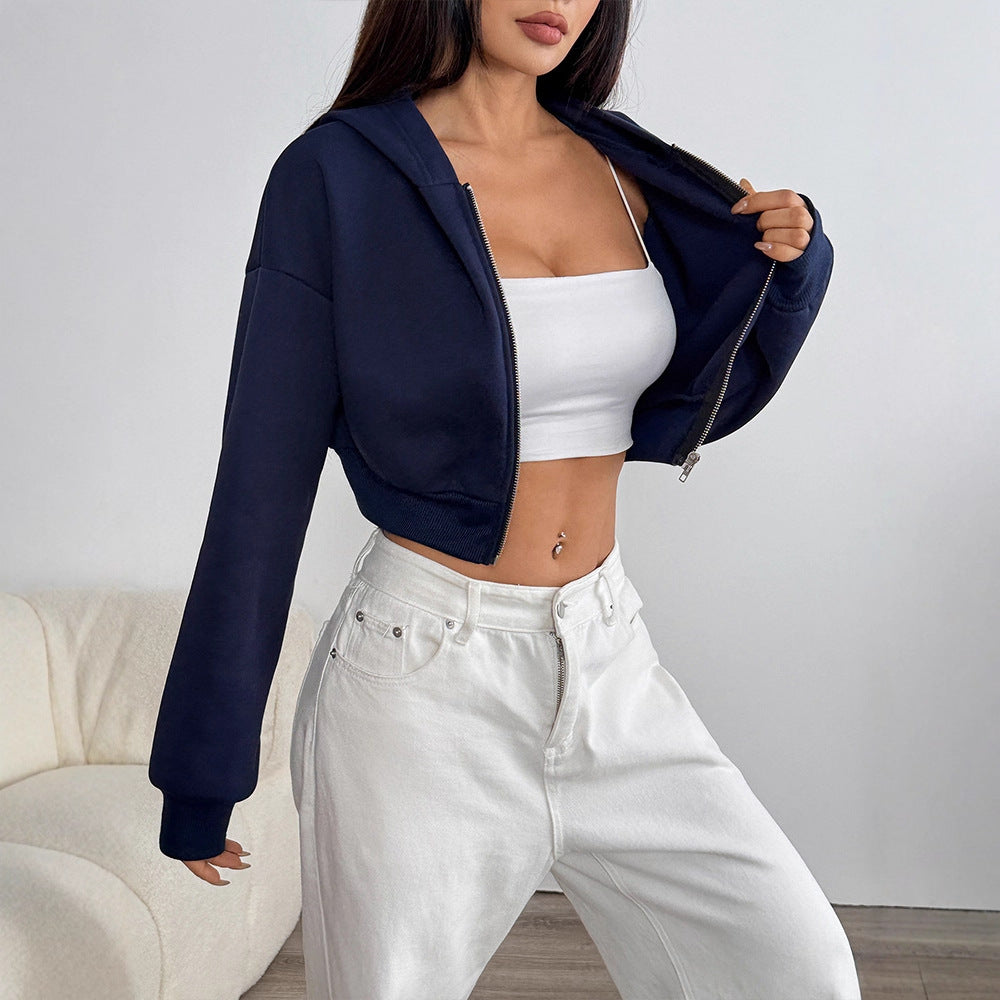 Slim Cropped Hooded Jacket with Zipper Front