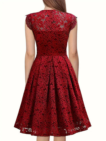 A-Line Floral Lace Dress with Scalloped V-Neck and Pleated Skirt