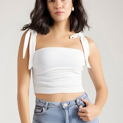 Ruched Cropped Top with Tie-Shoulder Straps