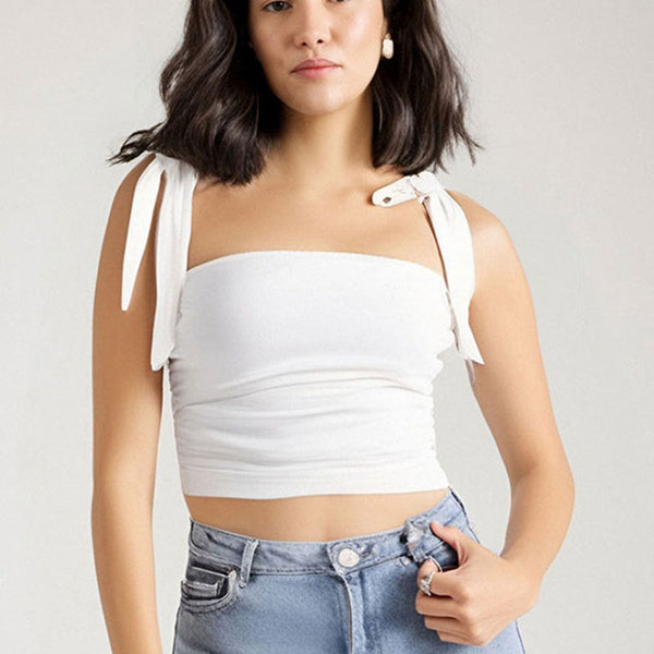 Ruched Cropped Top with Tie-Shoulder Straps