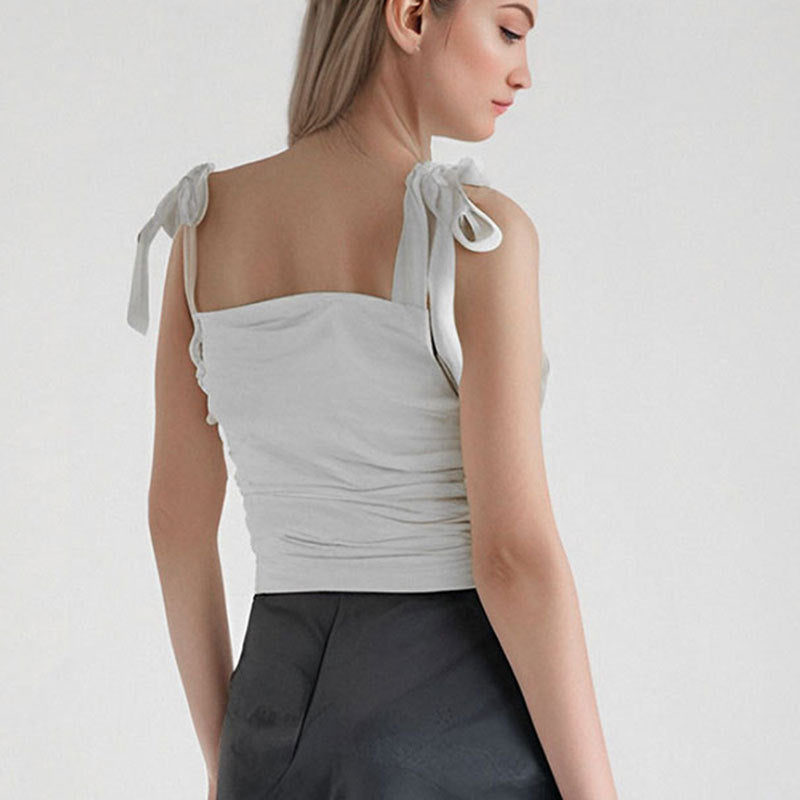 Ruched Cropped Top with Tie-Shoulder Straps