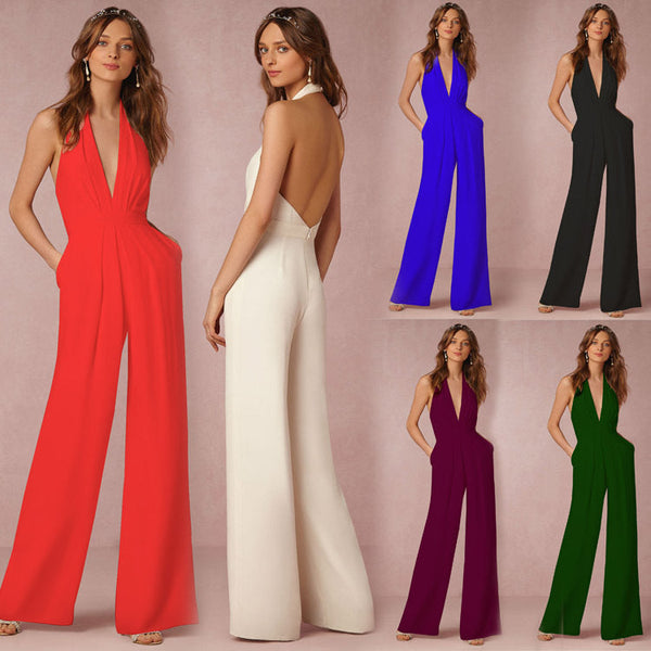 Wide-Leg Jumpsuit with Halter Neck and Deep V-Neck
