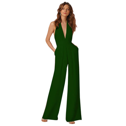 Wide-Leg Jumpsuit with Halter Neck and Deep V-Neck