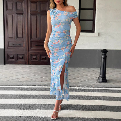 Floral Bodycon Maxi Dress with One-Shoulder and Slit