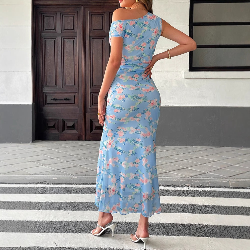 Floral Bodycon Maxi Dress with One-Shoulder and Slit
