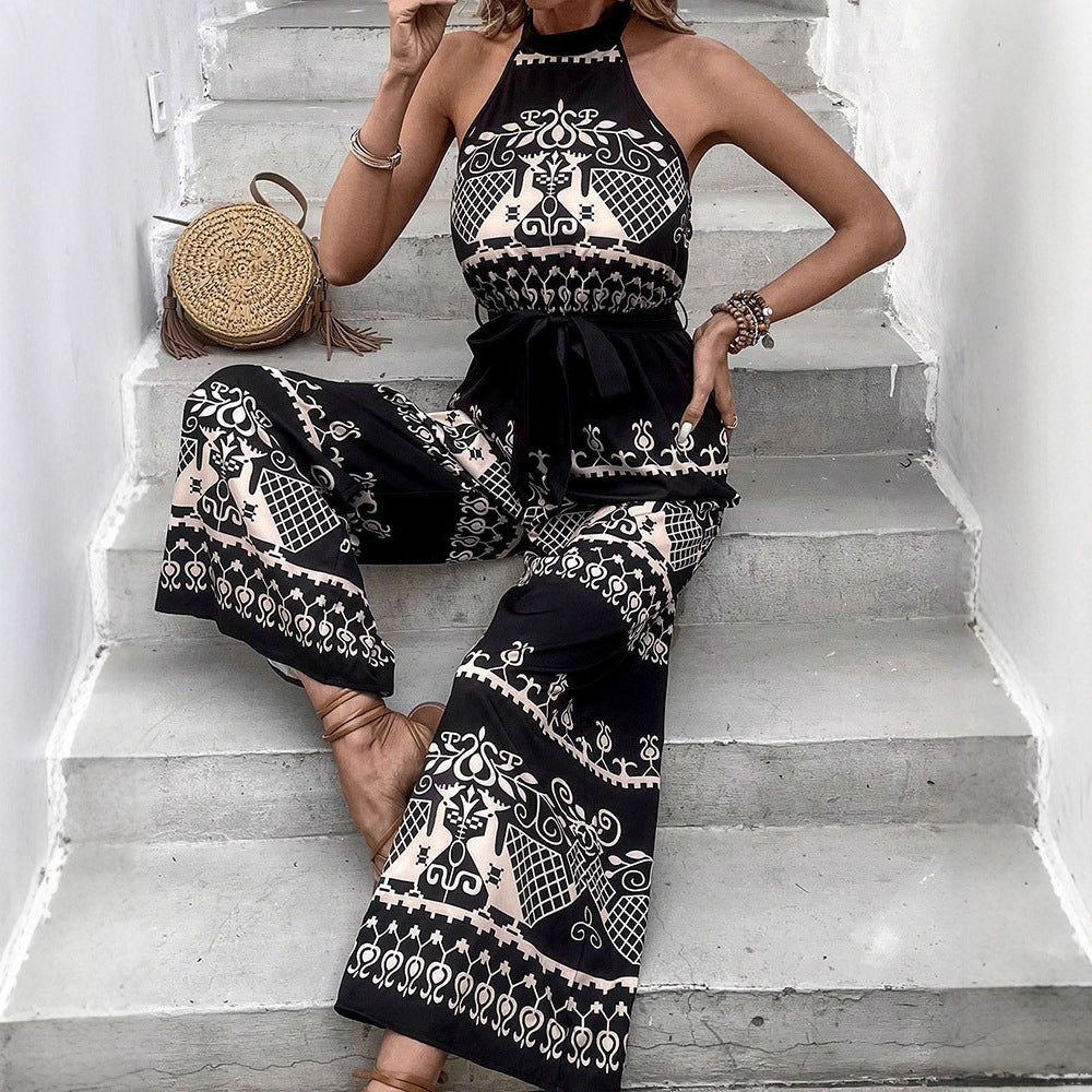 Bohemian Print Wide-Leg Jumpsuit with Halter Neck