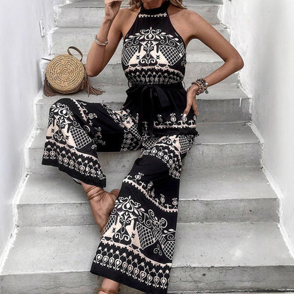 Bohemian Print Wide-Leg Jumpsuit with Halter Neck