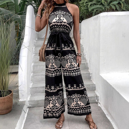 Bohemian Print Wide-Leg Jumpsuit with Halter Neck