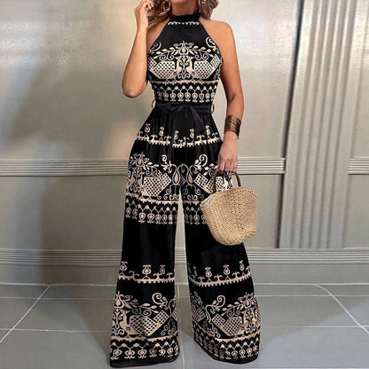 Bohemian Print Wide-Leg Jumpsuit with Halter Neck