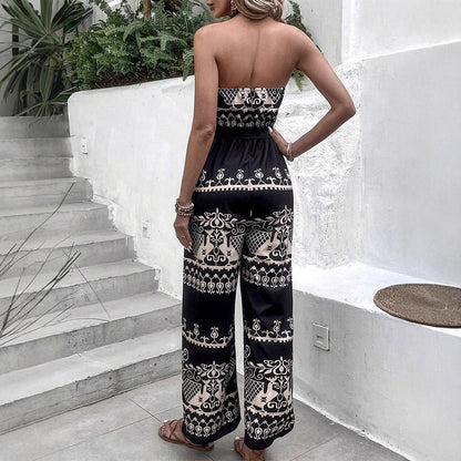 Bohemian Print Wide-Leg Jumpsuit with Halter Neck