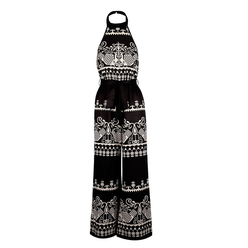 Bohemian Print Wide-Leg Jumpsuit with Halter Neck