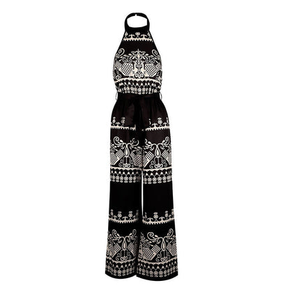 Bohemian Print Wide-Leg Jumpsuit with Halter Neck