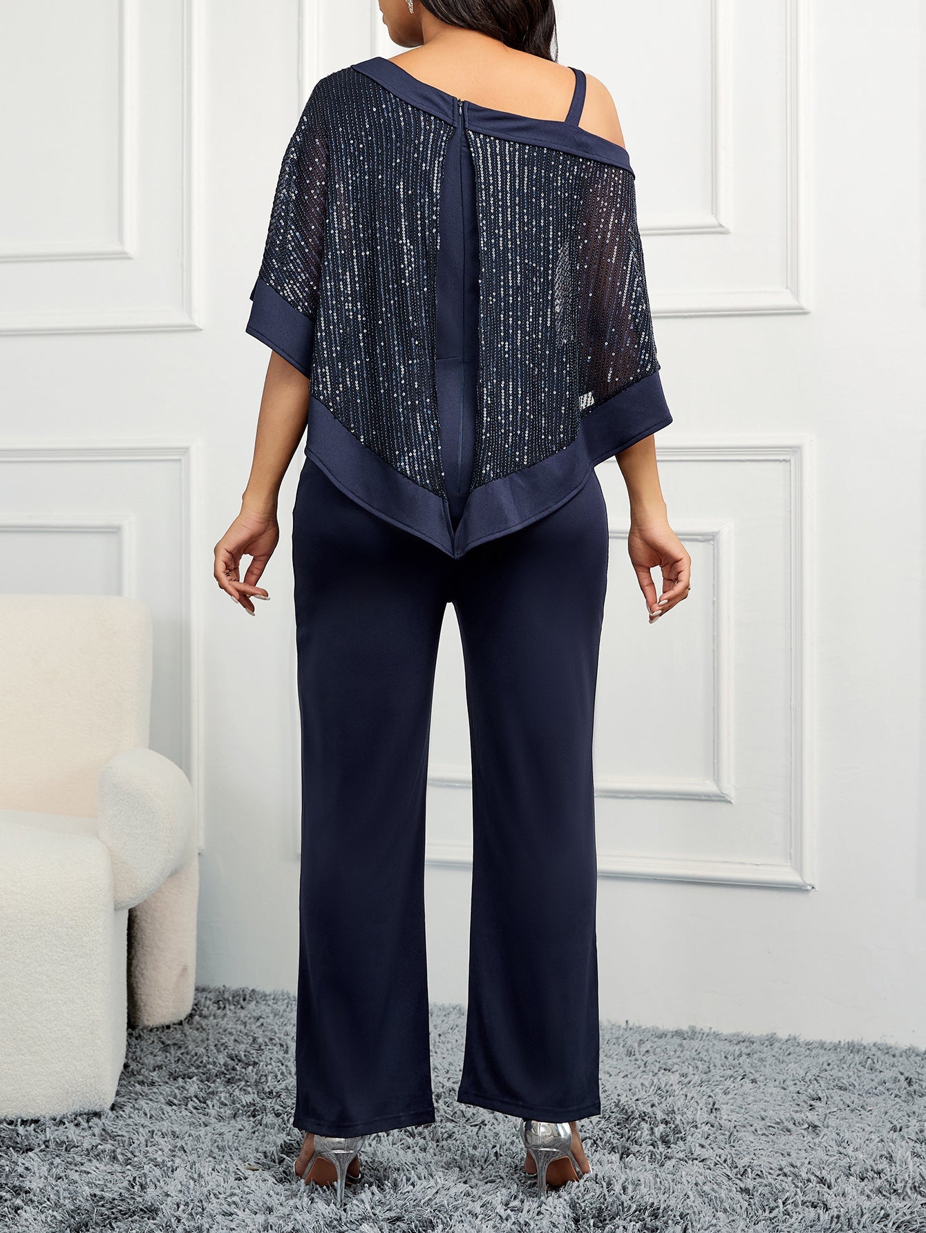 Wide-Leg Jumpsuit with Sequined Draped Overlay