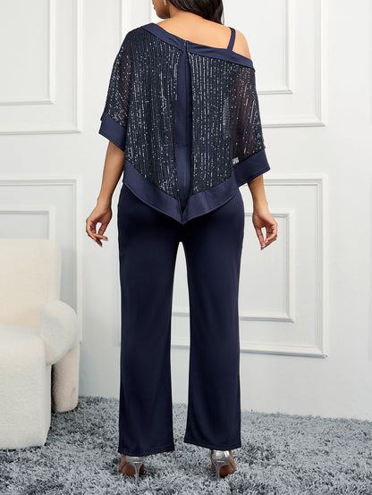 Wide-Leg Jumpsuit with Sequined Draped Overlay