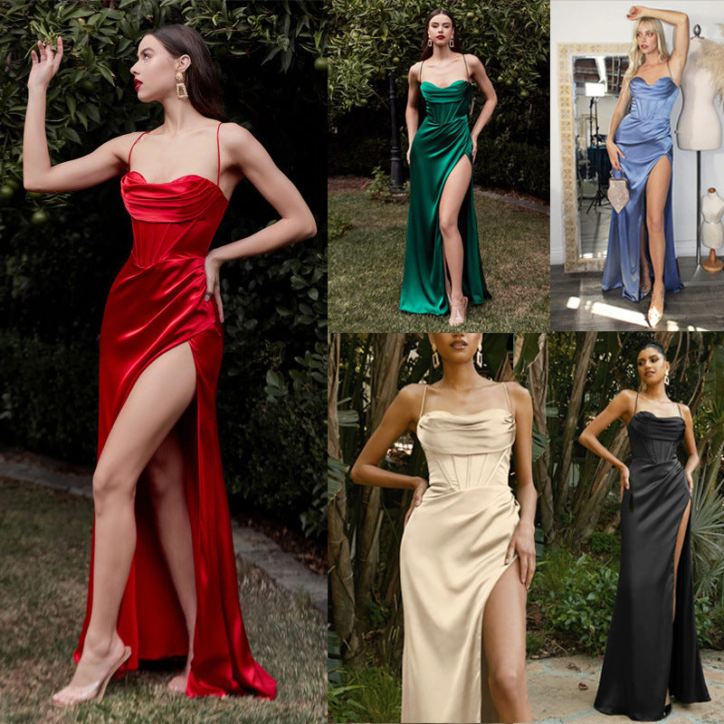 Satin Sheath Maxi Dress with Corset Bodice and High Slit