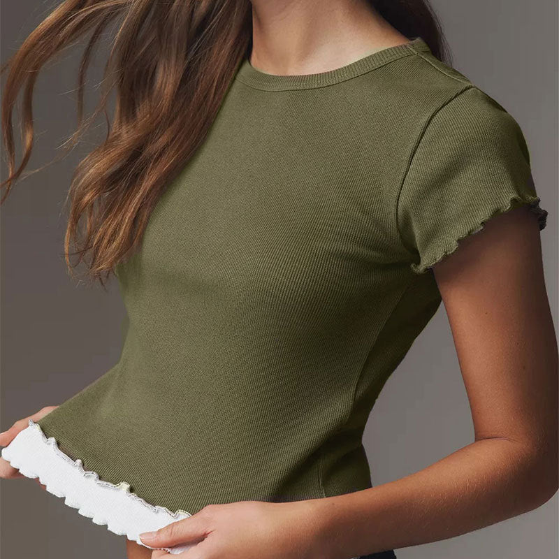 Ribbed Cropped T-Shirt with Contrast Lettuce Edge