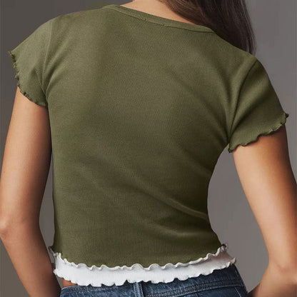 Ribbed Cropped T-Shirt with Contrast Lettuce Edge