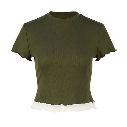 Ribbed Cropped T-Shirt with Contrast Lettuce Edge
