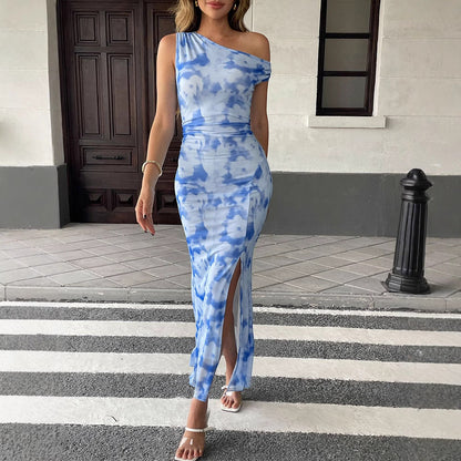 Cloud Print Bodycon Maxi Dress with One-Shoulder and Slit