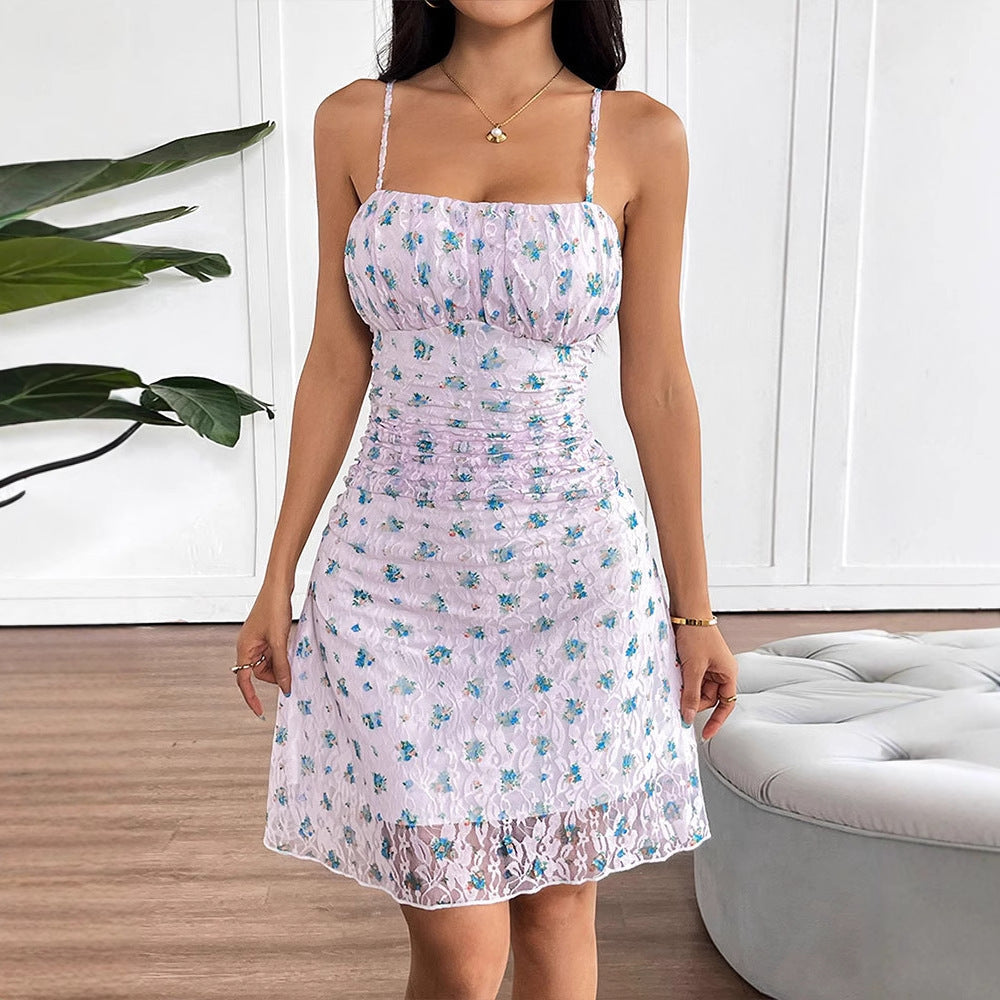 Floral Lace Mini Dress with Ruched Body and Spaghetti Straps