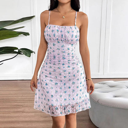 Floral Lace Mini Dress with Ruched Body and Spaghetti Straps