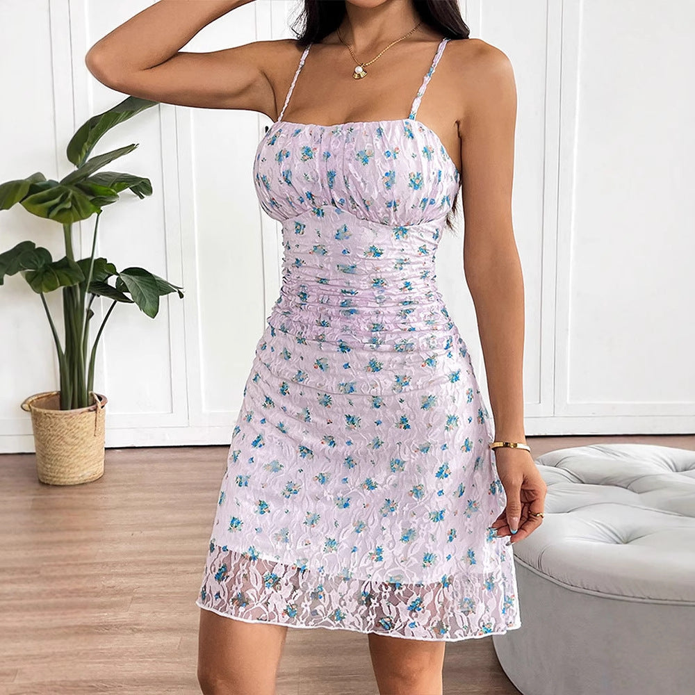 Floral Lace Mini Dress with Ruched Body and Spaghetti Straps
