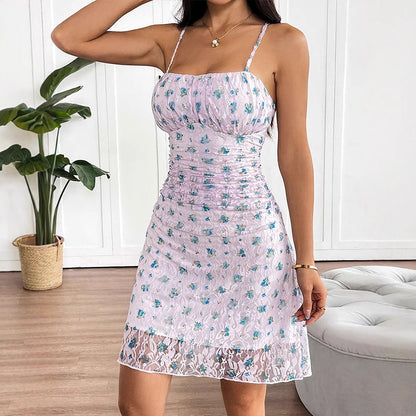 Floral Lace Mini Dress with Ruched Body and Spaghetti Straps