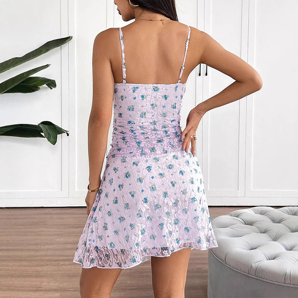 Floral Lace Mini Dress with Ruched Body and Spaghetti Straps
