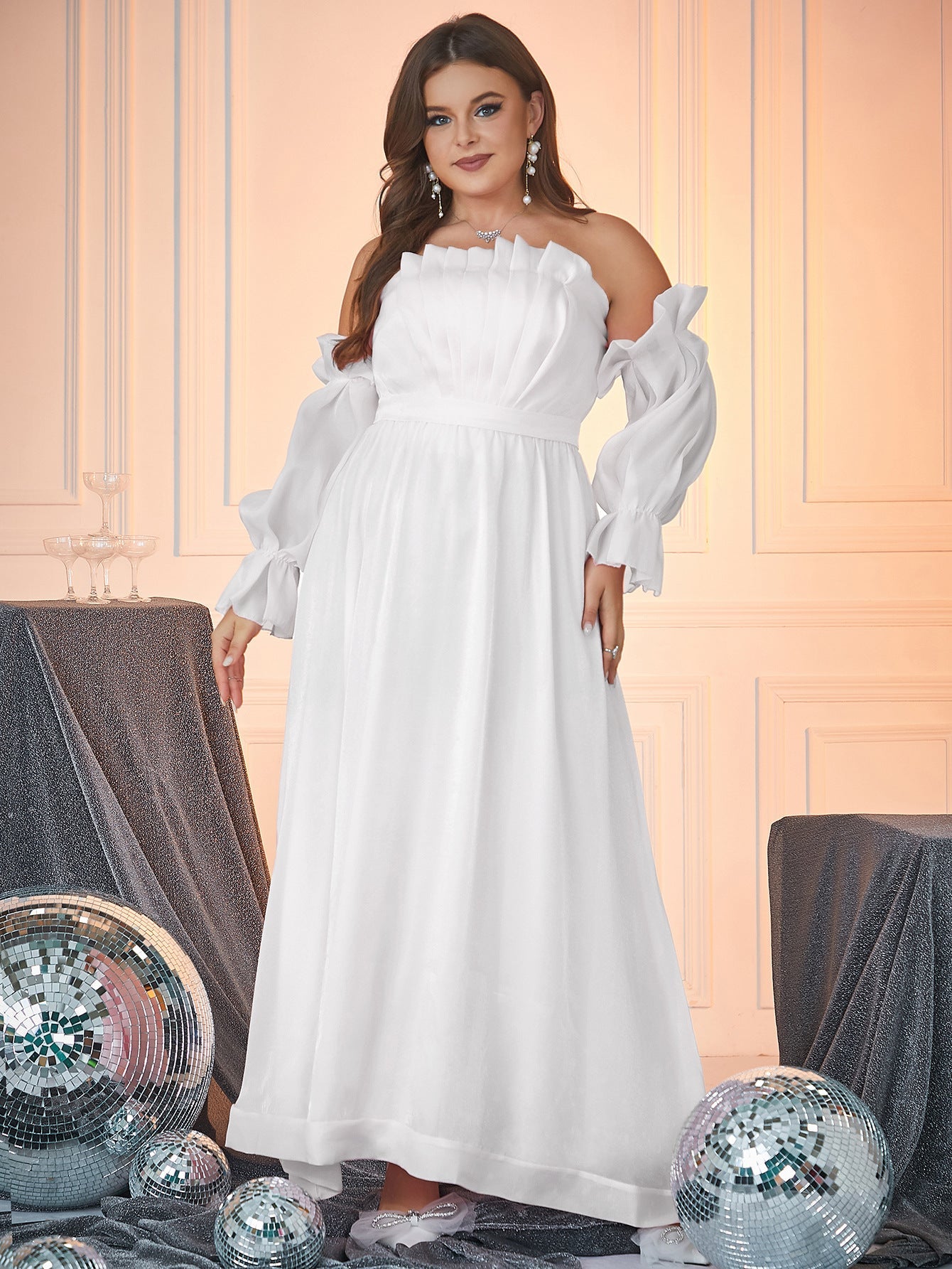 Ruffled Off-Shoulder Maxi Dress with Long Sleeves
