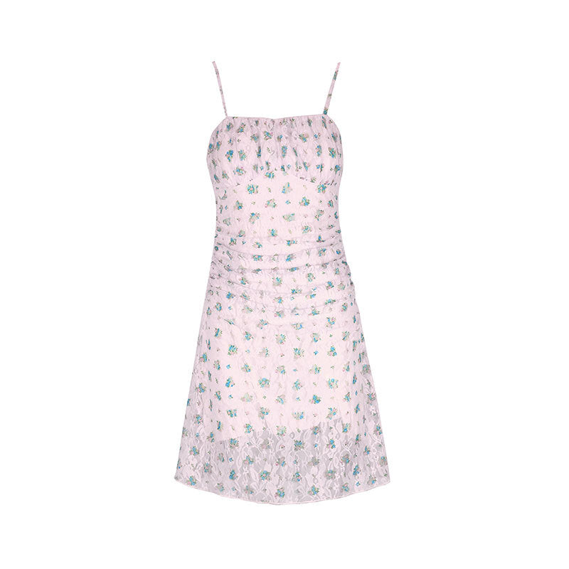 Floral Lace Mini Dress with Ruched Body and Spaghetti Straps