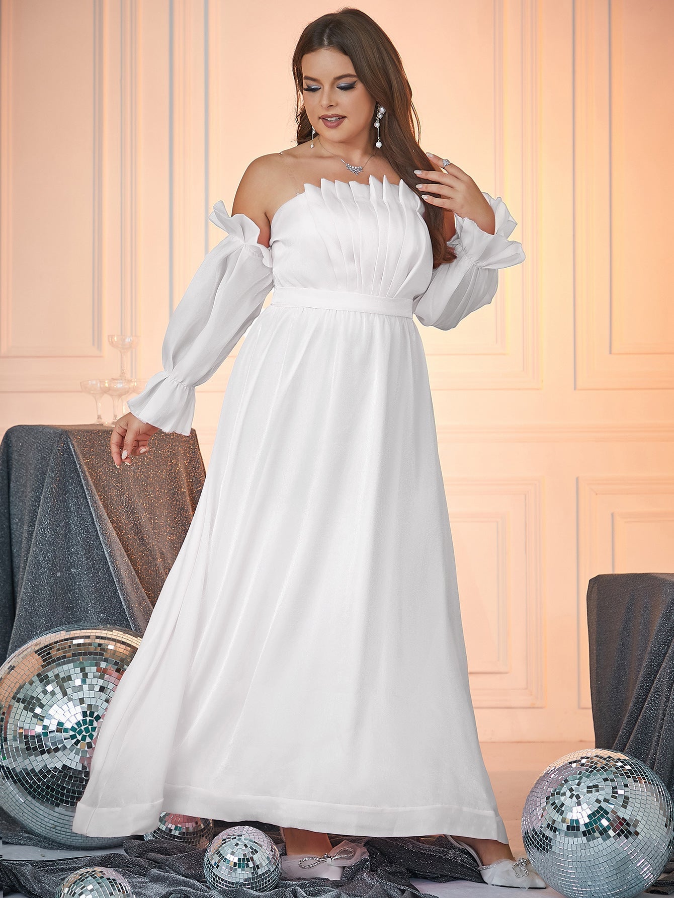 Ruffled Off-Shoulder Maxi Dress with Long Sleeves
