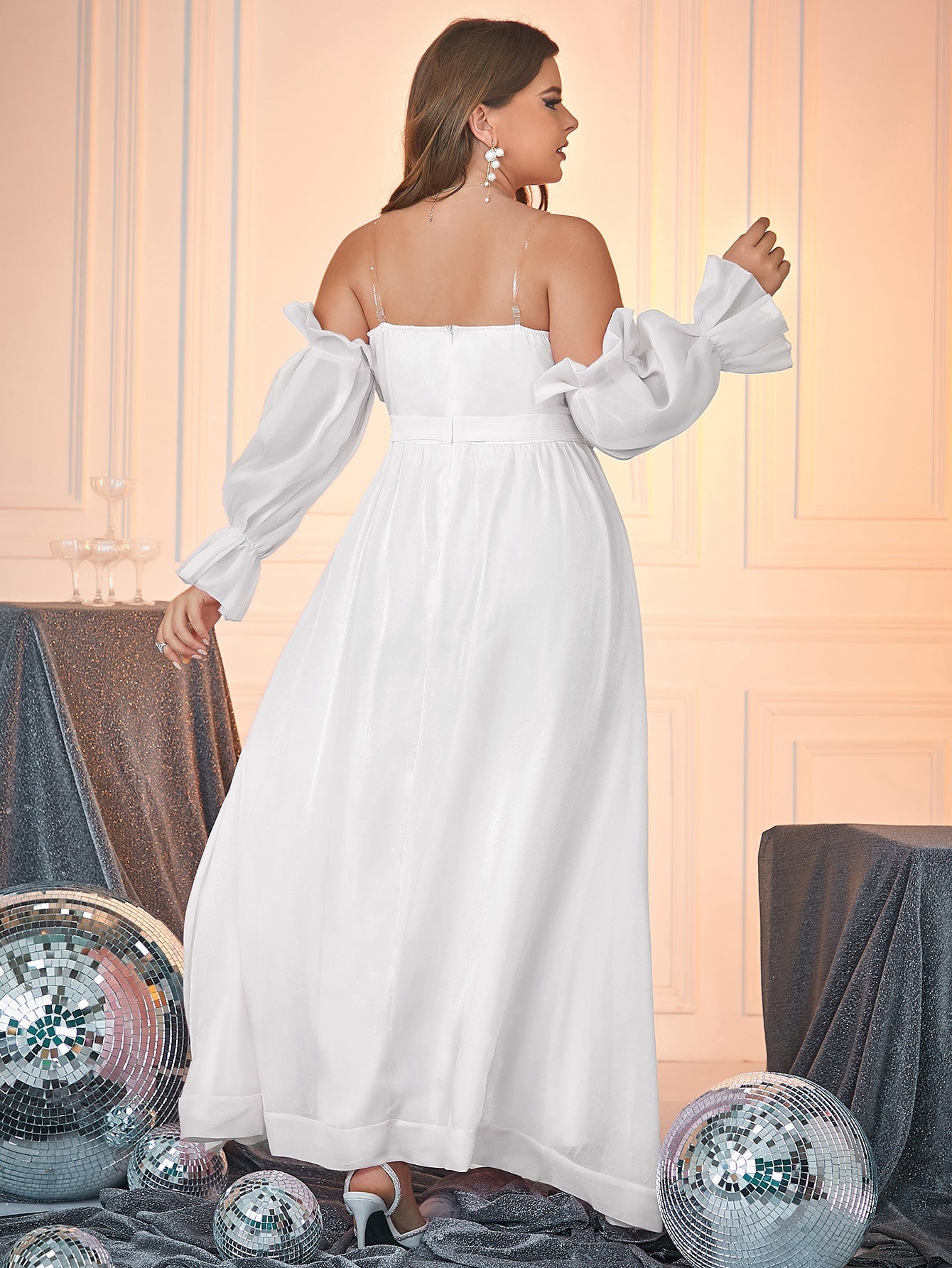 Ruffled Off-Shoulder Maxi Dress with Long Sleeves