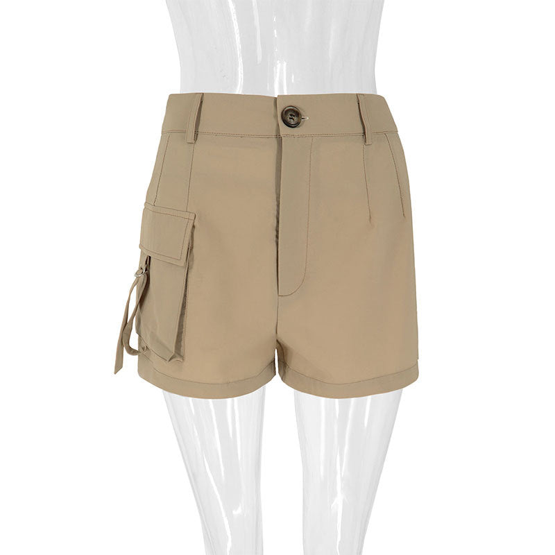 High-Waist Cargo Hot Pants with Button and Side Pocket