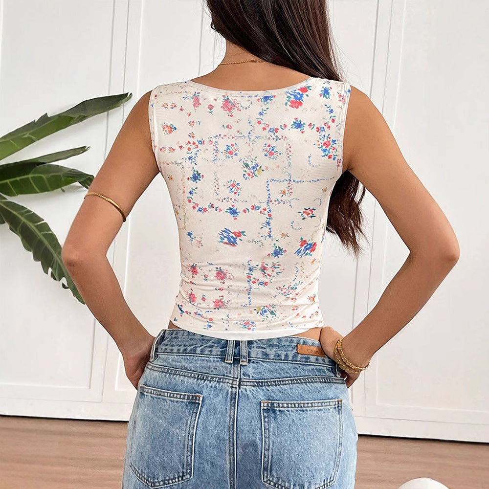 Floral Print Tank Top with Square Neck and Ruched Front