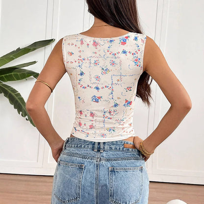 Floral Print Tank Top with Square Neck and Ruched Front