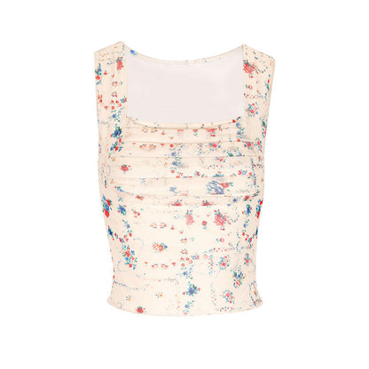 Floral Print Tank Top with Square Neck and Ruched Front