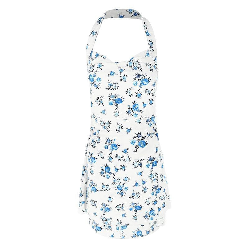 Blue Floral Halter Mini Dress with Tiered Skirt