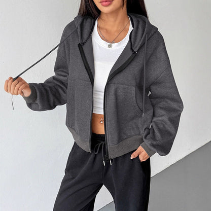 Cropped Loose Fit Full Zip Hoodie with Pockets