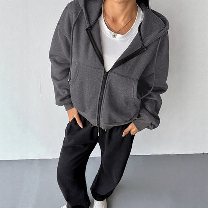 Cropped Loose Fit Full Zip Hoodie with Pockets