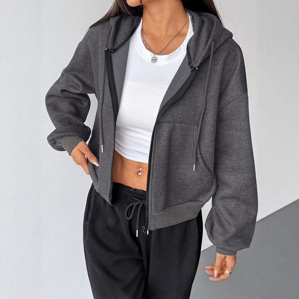 Cropped Loose Fit Full Zip Hoodie with Pockets
