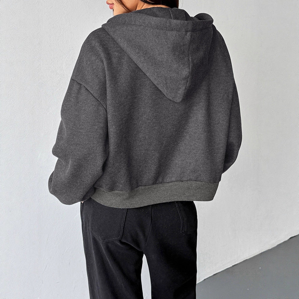 Cropped Loose Fit Full Zip Hoodie with Pockets